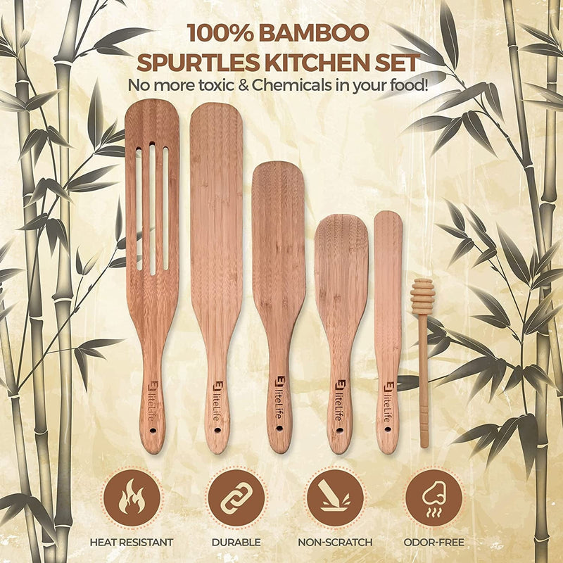 Wooden Spurtle Set Bamboo Cooking Utensils, Wooden Spatulas Set, 6 Pcs Natural Bamboo Wood Spurtle Kitchen Tools as Seen on TV, Utensil Set Heat Resistant Non Stick Wood Cookware, Slotted Spatula