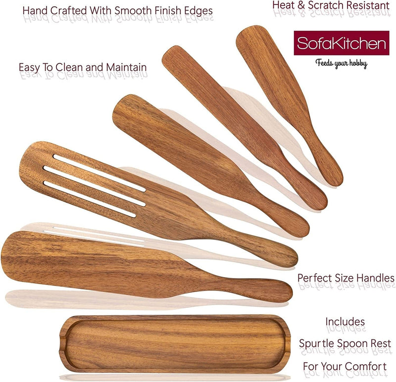 Wooden Spurtle Set-Spurtles Kitchen Tools as Seen on Tv-5 Spurtle Wooden Cooking Utensils + Spurtle Spoon Rest-Non Stick, Heat Resistant Spurdle Set Made of Premium Acacia Wood