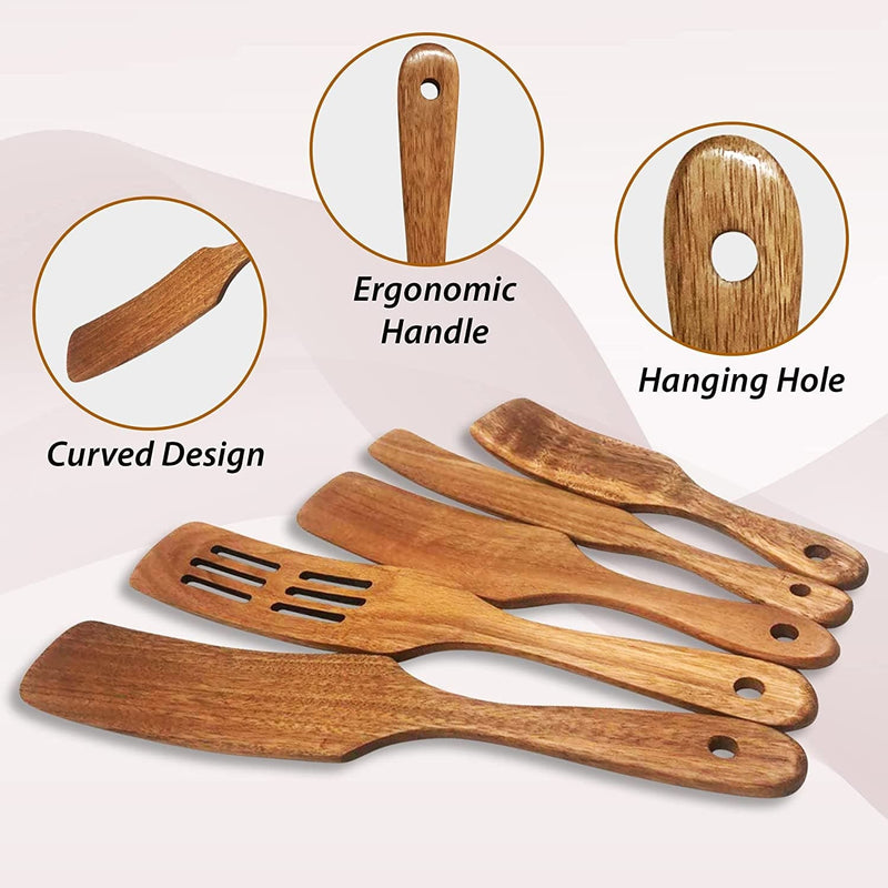 Wooden Spurtles Kitchen Set of 5 Pcs, Acacia Wood Spurtle Set,Kitchen Tools, Non-Stick Serving Spoon Spatula, Utensil Kitchen Tool, Turners Spatulas. Wooden Spatula for Cooking.