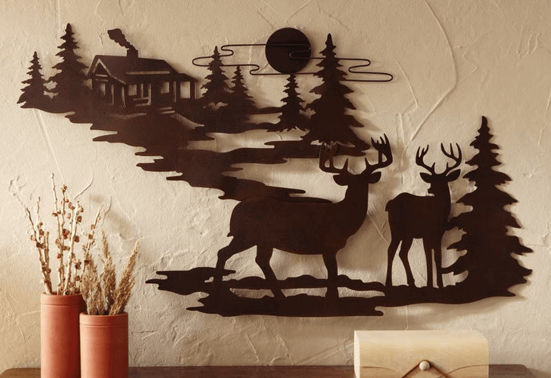 Woodland Cabin & Deer Metal Wall Art (1)