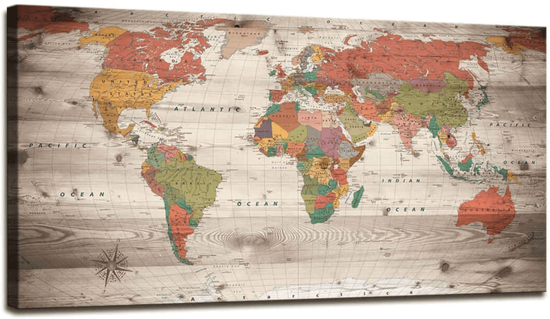 World Map Wall Art for Living Room Decor World Map Poster HD Photo Canvas Prints Modern Large Framed Art Map of The World Vintage Artwork Wall Maps Pictures for Office Wall Travel Memory Home Decor