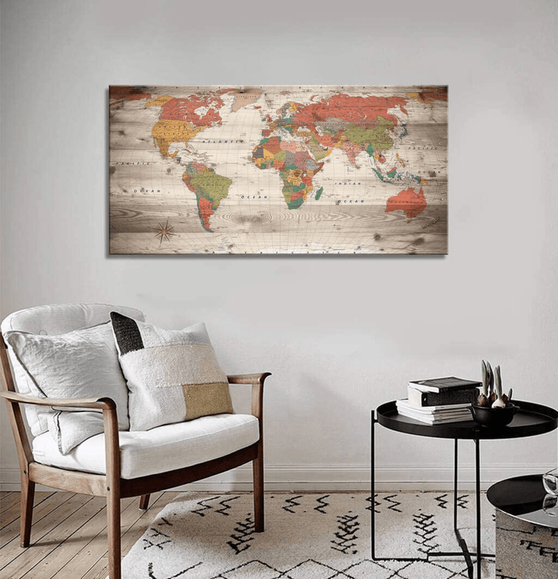 World Map Wall Art for Living Room Decor World Map Poster HD Photo Canvas Prints Modern Large Framed Art Map of The World Vintage Artwork Wall Maps Pictures for Office Wall Travel Memory Home Decor