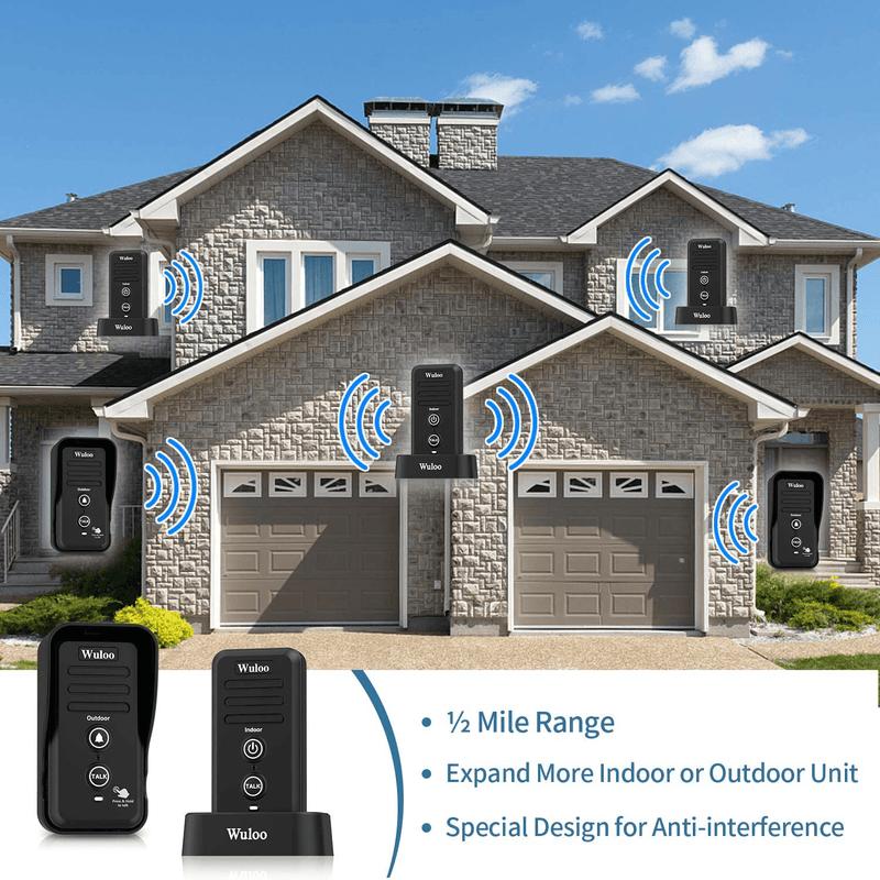 Wuloo Wireless Intercom Doorbells for Home Classroom, Intercomunicador Waterproof Electronic Doorbell Chime with 1/2 Mile Range 3 Volume Levels Rechargeable Battery Including Mute Mode(Black, 1&1)