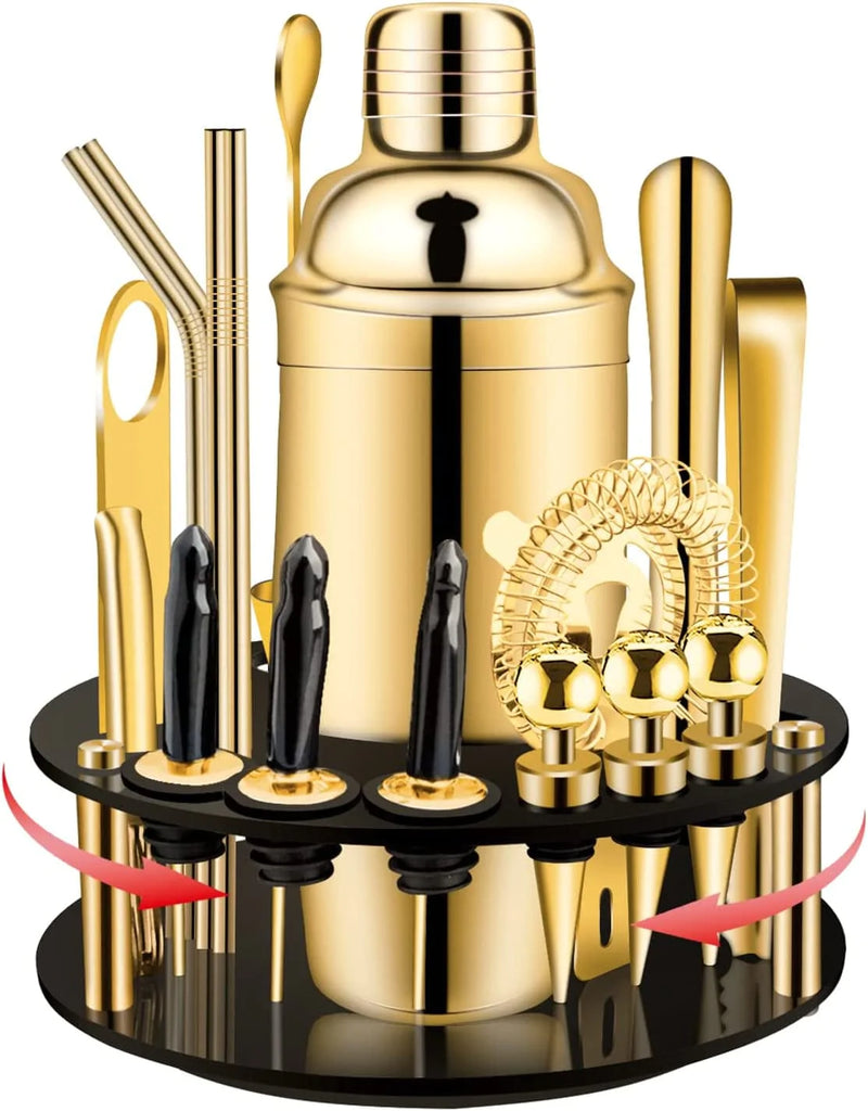 X-Cosrack 19-Piece Bar Set,Gold Cocktail Shaker Set for Drink Mixing:Stainless Steel Bar Tools with Rotating Stand,Professional Bartender Kit for Home Bars, Parties