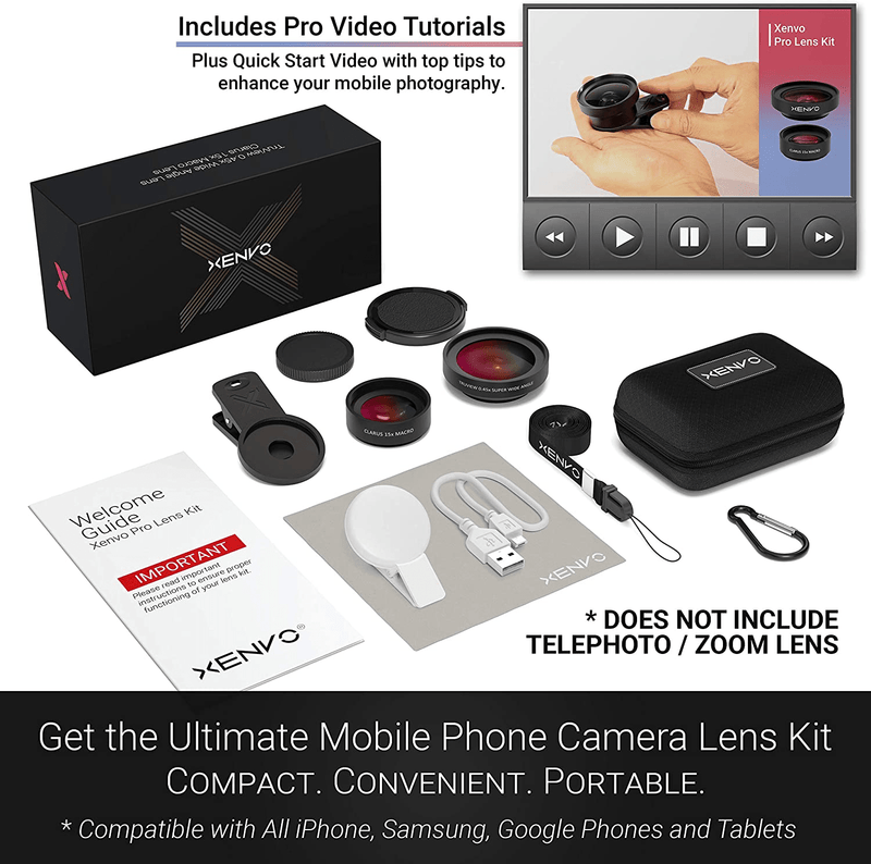 Xenvo Pro Lens Kit for iPhone, Samsung, Pixel, Macro and Wide Angle Lens with LED Light and Travel Case