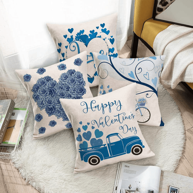Xihomeli Cotton Linen 18X18 Inch Throw Pillow Covers Happy Valentine’S Day Decorations Quotes Cushion Case Blue Heart Rose Flowers Truck Bike Pillowcase 4 Packs (4Pc Valentine, 18"X18")