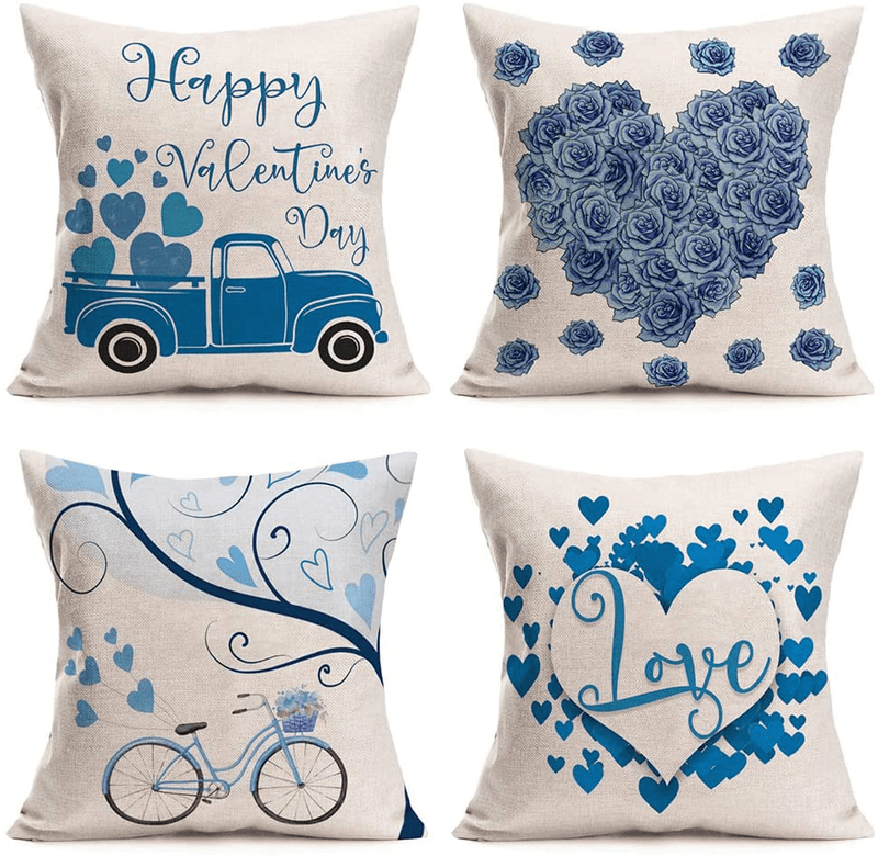 Xihomeli Cotton Linen 18X18 Inch Throw Pillow Covers Happy Valentine’S Day Decorations Quotes Cushion Case Blue Heart Rose Flowers Truck Bike Pillowcase 4 Packs (4Pc Valentine, 18"X18")