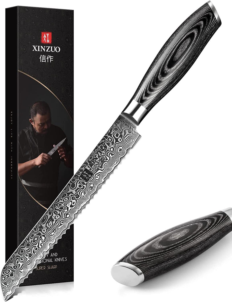 XINZUO 7PC Damascus Steel Knife Block Sets, Professional High Carbon Steel Chef Knife Santoku Slicing Utility Fruit Knife with Multifunctional Kitchen Shears,Ergonomic Pakkawood Handle - Ya Series