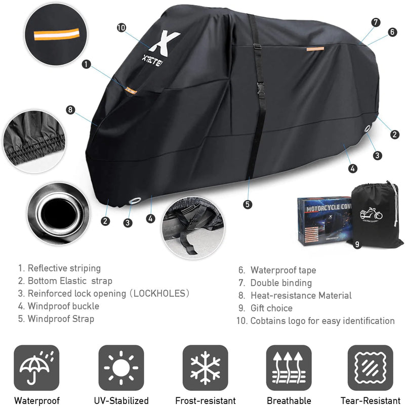 XYZCTEM Motorcycle Cover -Waterproof Outdoor Storage Bag,Made of Heavy Duty Material Fits up to 116 inch, Compatible with Harley Davison and All Motors(Black& Lockholes& Professional Windproof Strap)