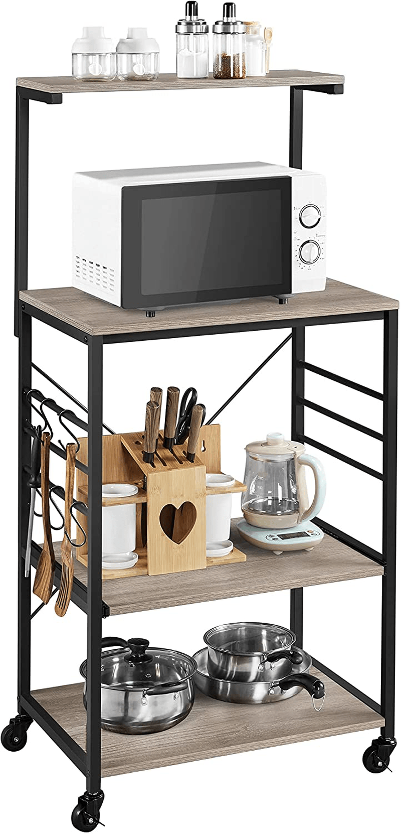 Yaheetech 4-Tier Rolling Bakers Rack for Kitchen with Storage and Sliding Shelf, Utility Microwave Oven Stand Cart Spice Rack Kitchen Organizer on Wheels with 6 Hooks and Adjustable Feet, Rustic Brown