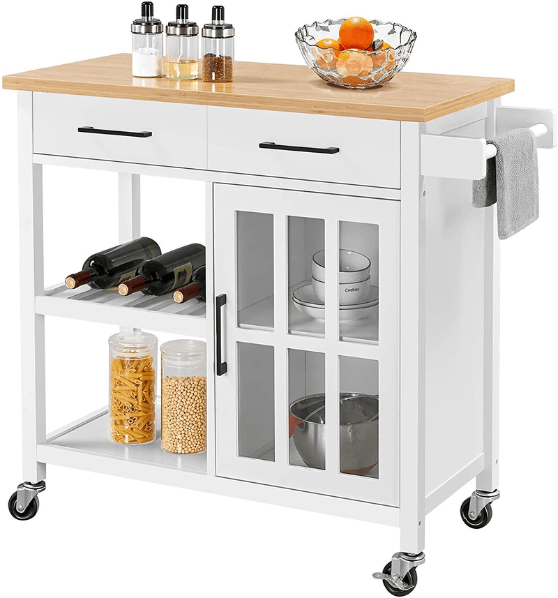 Yaheetech Kitchen Cart W/Bamboo Top, Rolling Kitchen Island with Open Storage Shelf, Wide Drawer, Towel Rack and Tempered Glass Storage Cabinet Door, 36”H, White