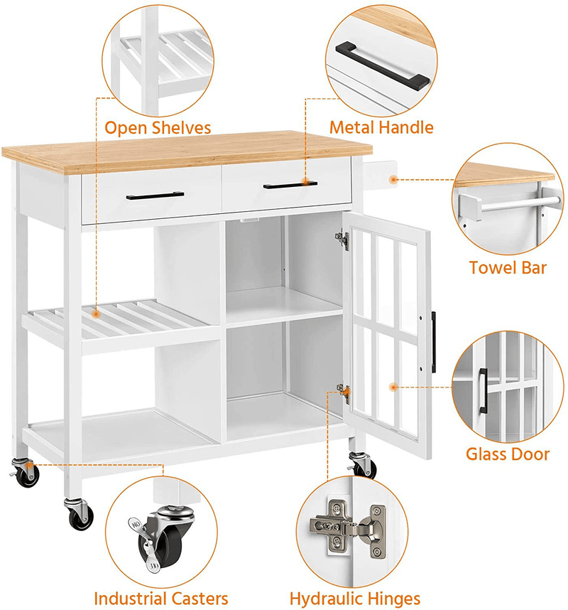Yaheetech Kitchen Cart W/Bamboo Top, Rolling Kitchen Island with Open Storage Shelf, Wide Drawer, Towel Rack and Tempered Glass Storage Cabinet Door, 36”H, White