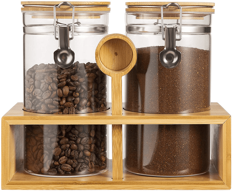 Yangbaga Glass Coffee Containers with Shelf, 2 X 45 Oz Coffee Bean Storage with Airtight Locking Clamp and Log Spoon, Large Capacity Food Storage Jar for Kitchen