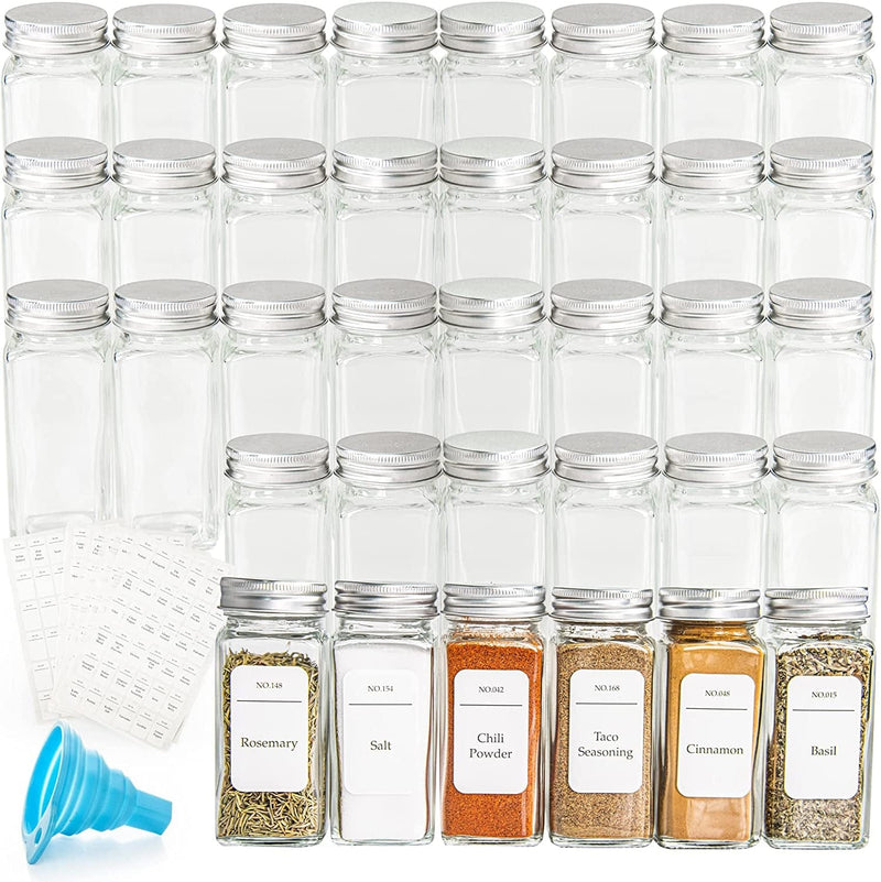 YANGNAY 36Pcs Glass Spice Jars with Label - 4 Oz Empty Square Seasoning Containers with Shaker Lids, Thick Spice Storage Bottles for Drawer, Cabinet