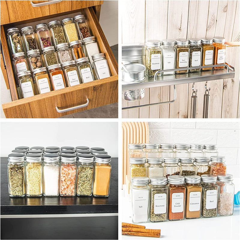 YANGNAY 36Pcs Glass Spice Jars with Label - 4 Oz Empty Square Seasoning Containers with Shaker Lids, Thick Spice Storage Bottles for Drawer, Cabinet