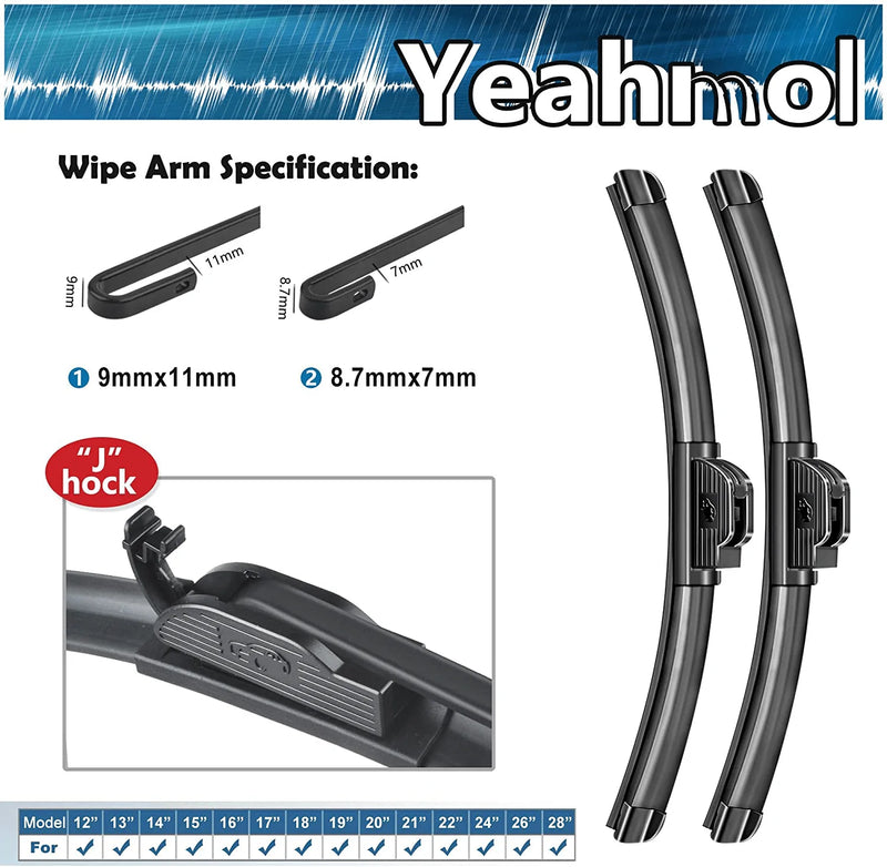 Yeahmol Windshield wiper blades, 26" + 17" Beam Wiper Car Front Window J U Hook Wiper Blade (set of 2)