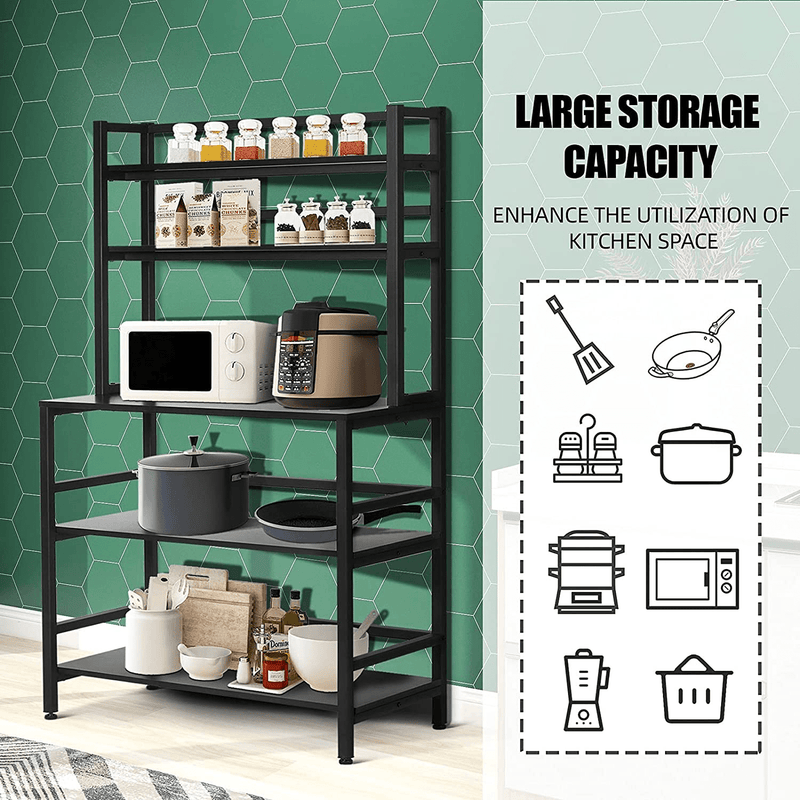 YGBH 5-Tier Kitchen Bakers Rack with Hutch,Coffee Station,Microwave Oven Stand,Utility Storage Rack for Home Office,Easy Assembly,Rustic Brown and Black (Black),Jzwbl001,Small