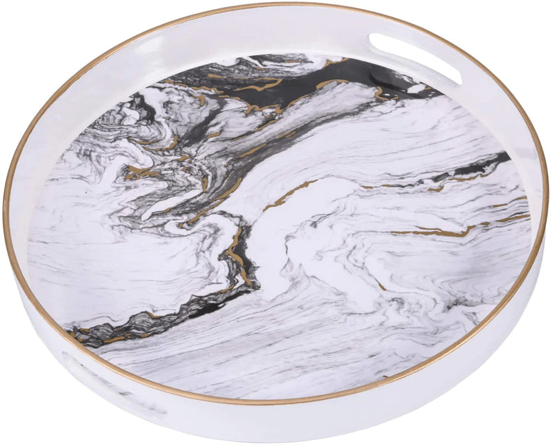 Zosenley Round Decorative Tray, Marbling Plastic Tray with Handles, Modern Vanity Tray and Serving Tray for Ottoman, Coffee Table, Kitchen and Bathroom, Size 13", White