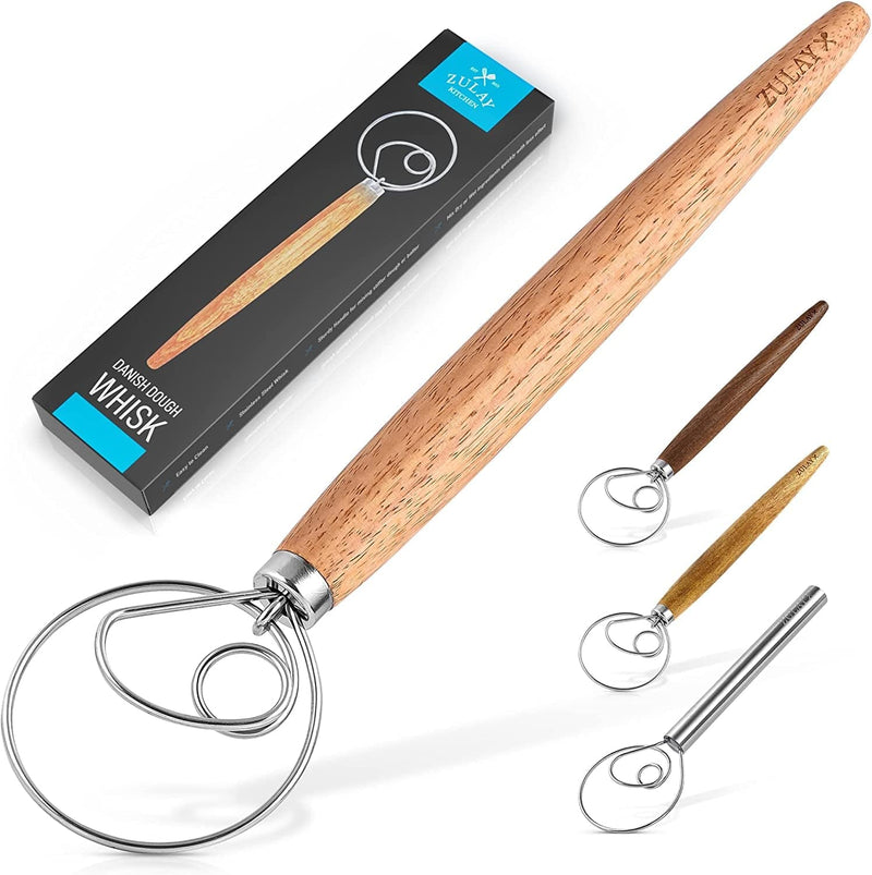 Zulay Kitchen 13 Inch Danish Dough Whisk - Large Wooden Danish Whisk for Dough with Stainless Steel Ring - Traditional Dutch Whisk Baking Tool for Bread, Batter, Cake, Pastry (Acacia Wood)