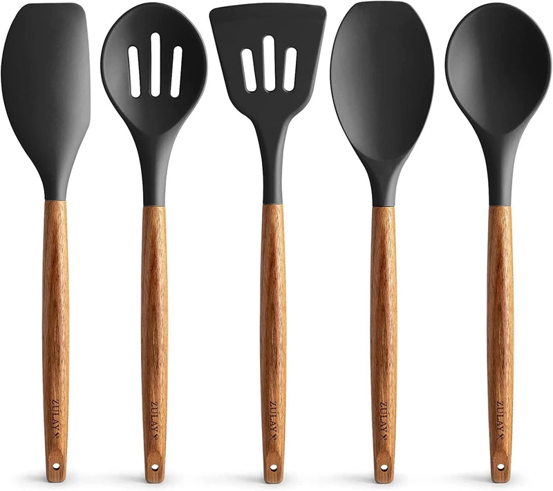 Zulay Non-Stick Silicone Utensils Set with Authentic Acacia Wood Handles - 5 Piece Silicone Cooking Utensils Set - Black