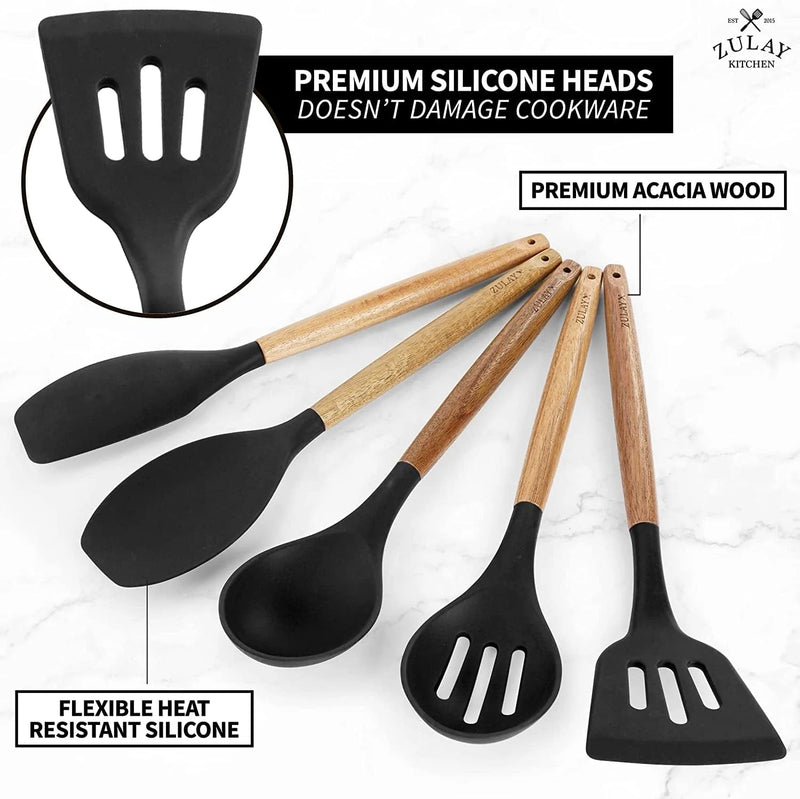 Zulay Non-Stick Silicone Utensils Set with Authentic Acacia Wood Handles - 5 Piece Silicone Cooking Utensils Set - Black