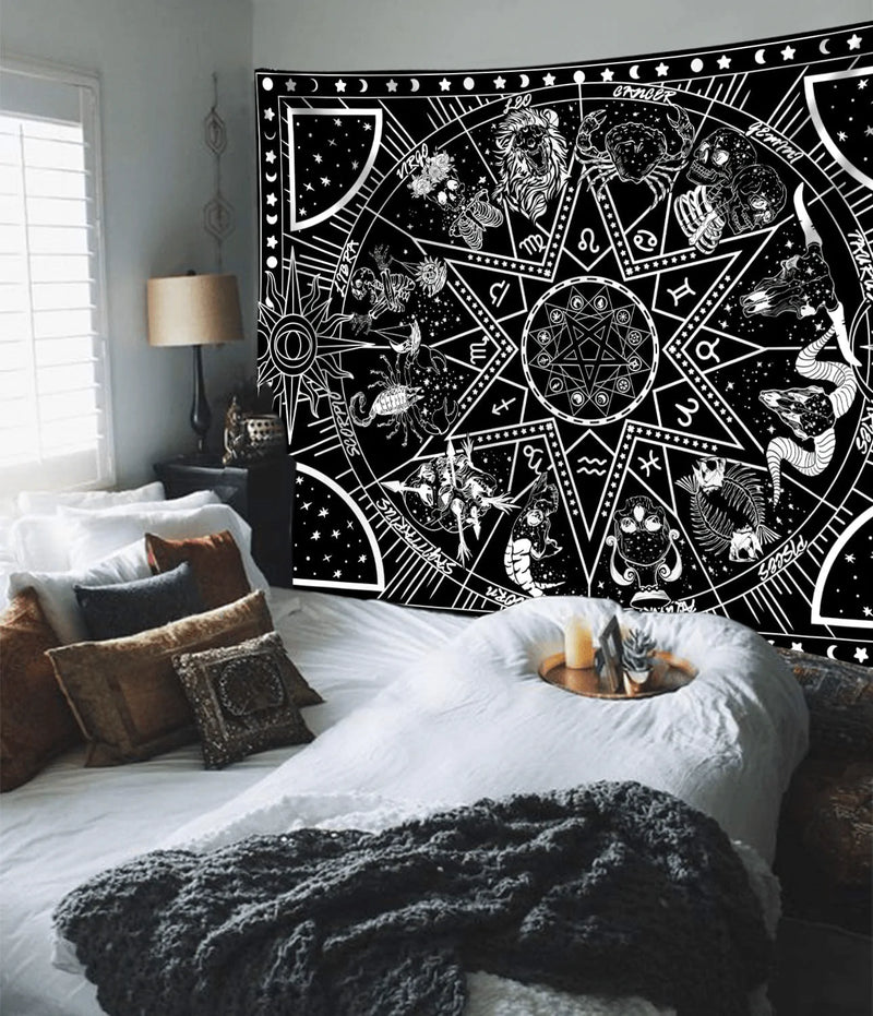 Zussun 12 Constellation Tapestry Star Sun Tarot Tapestry Black and White Hippy CelestialBohemian Home Decor (35" x 47")